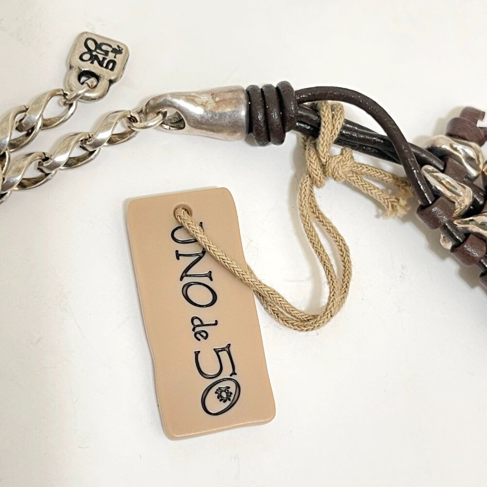 UNO DE 50 ROCK CROCO Braided Leather Fringe BOHO Silver Bezel Statement Necklace - Picture 3 of 11